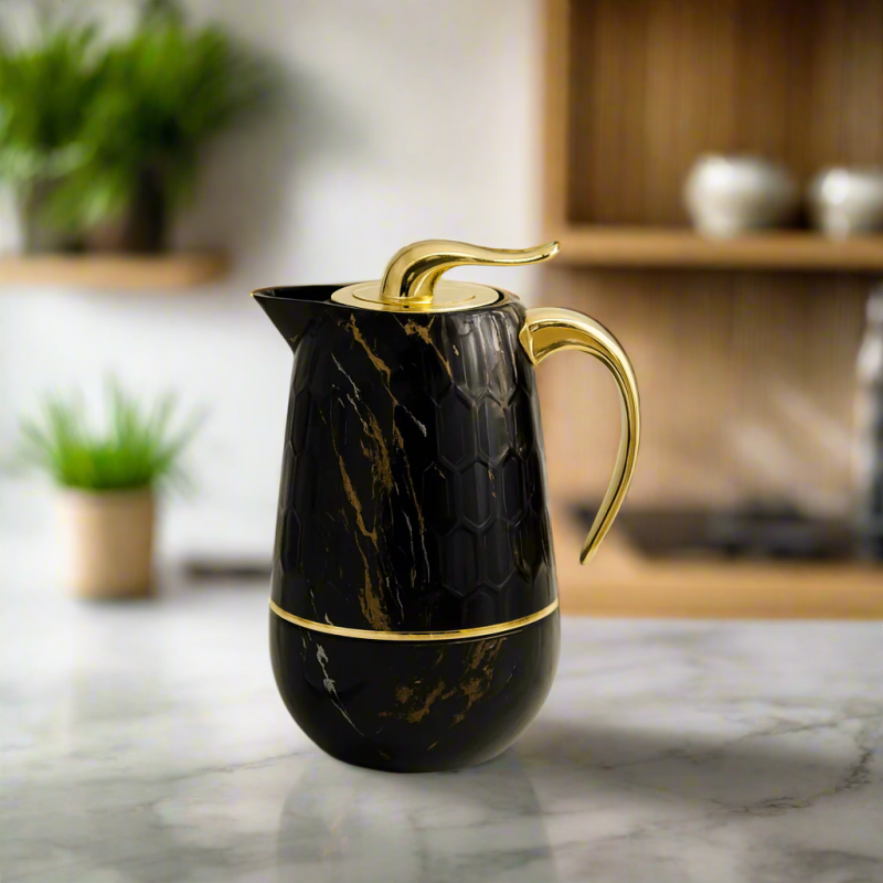 Black Marble Thermal Carafe 1L – Gold Handle and Trim Insulated Coffee Flask
