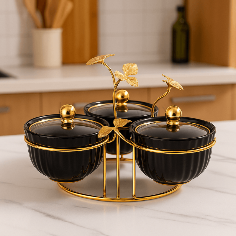 Elegant Black & Gold 3-Piece Leaf Condiment Set