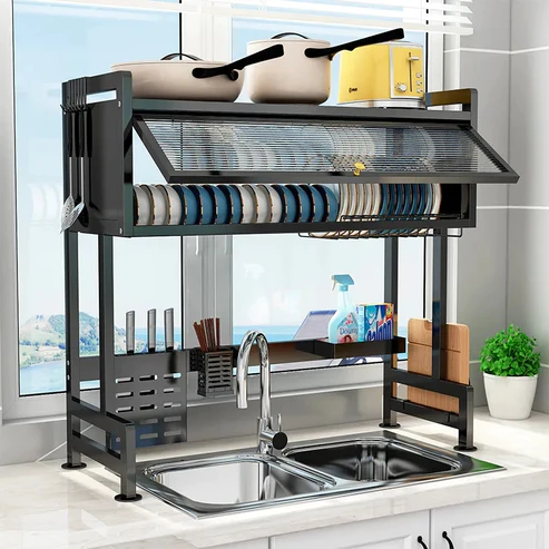 Over Sink Dish Drying Rack with Dust-Proof Cabinet Doors, 2 Tier Large Storage Kitchen Dish Drainer Rack Space Saver Shelf Holder, Above Sink Dish Racks with Utensil Holder, Knife Holder
