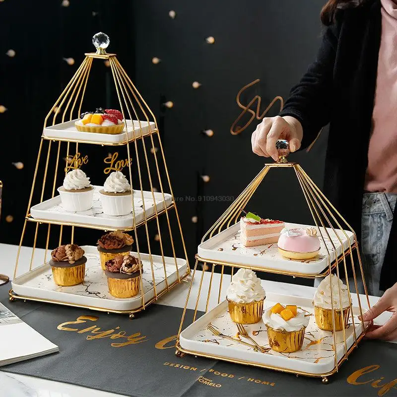 Elegant 3-Tier Golden Metal and Ceramic Dessert Stand