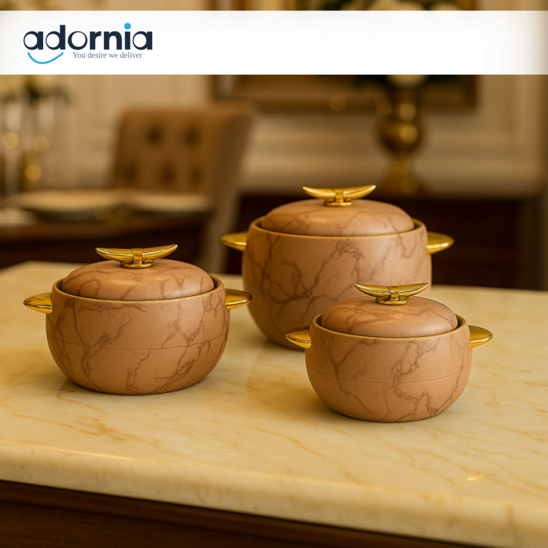 Brown casserole set with golden handles for villa dining