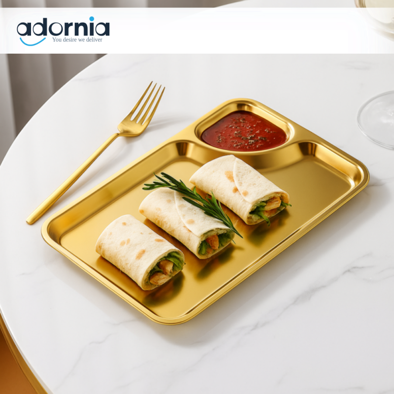 Golden rectangular snack tray with sauce section – luxury serving for Pakistani homes