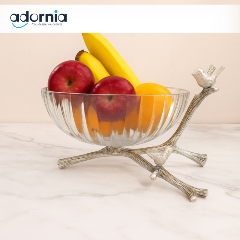 Luxury glass fruit bowl with silver bird stand for villa dining tables