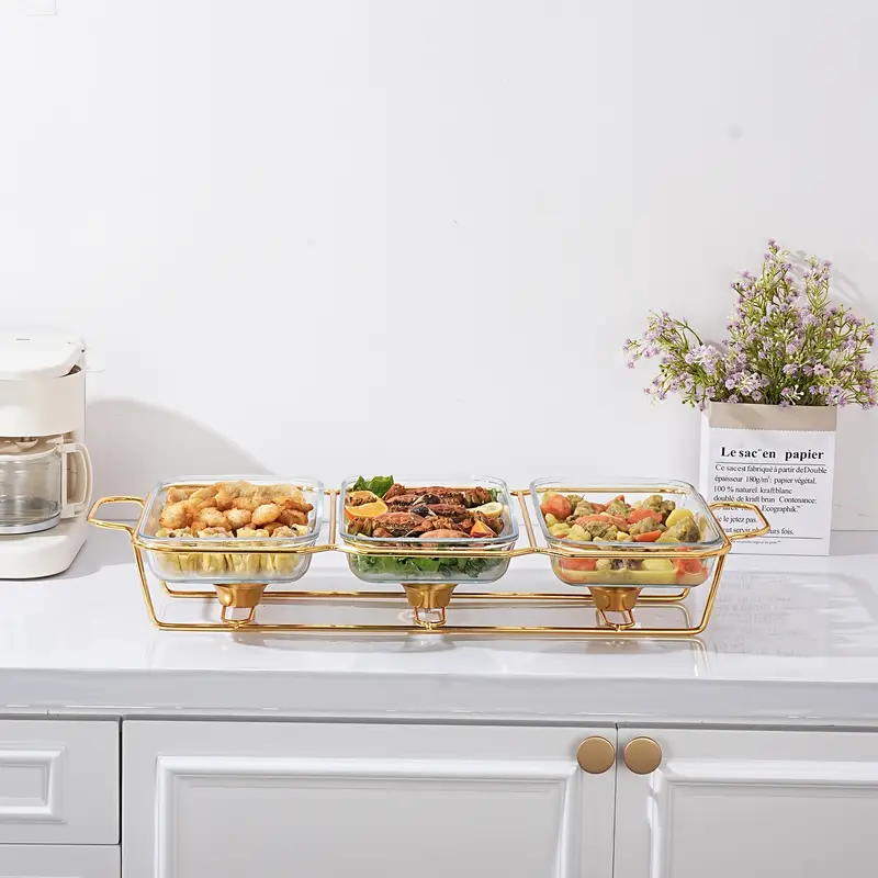 3 in 1 Rectangle Burner Dish Food Warmer – 4.5L Buffet Server with Lid & Stand
