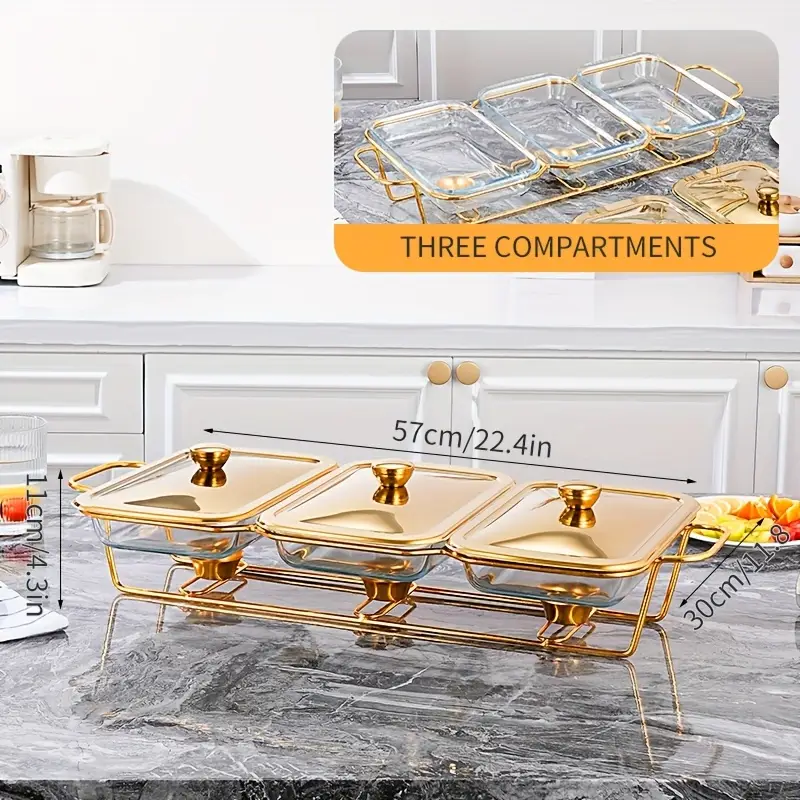 3 in 1 Rectangle Burner Dish Food Warmer – 4.5L Buffet Server with Lid & Stand