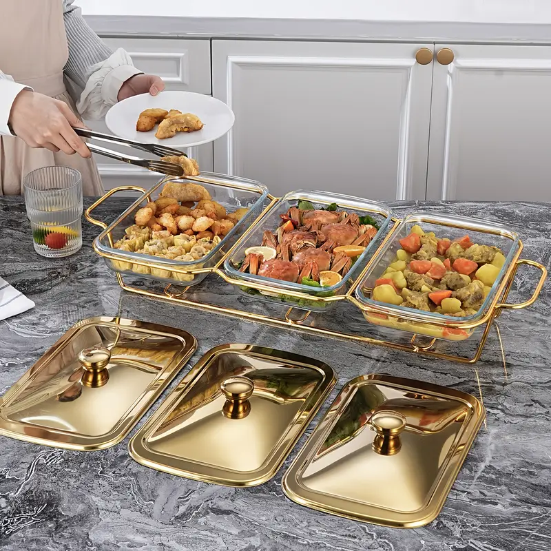 3 in 1 Rectangle Burner Dish Food Warmer – 4.5L Buffet Server with Lid & Stand