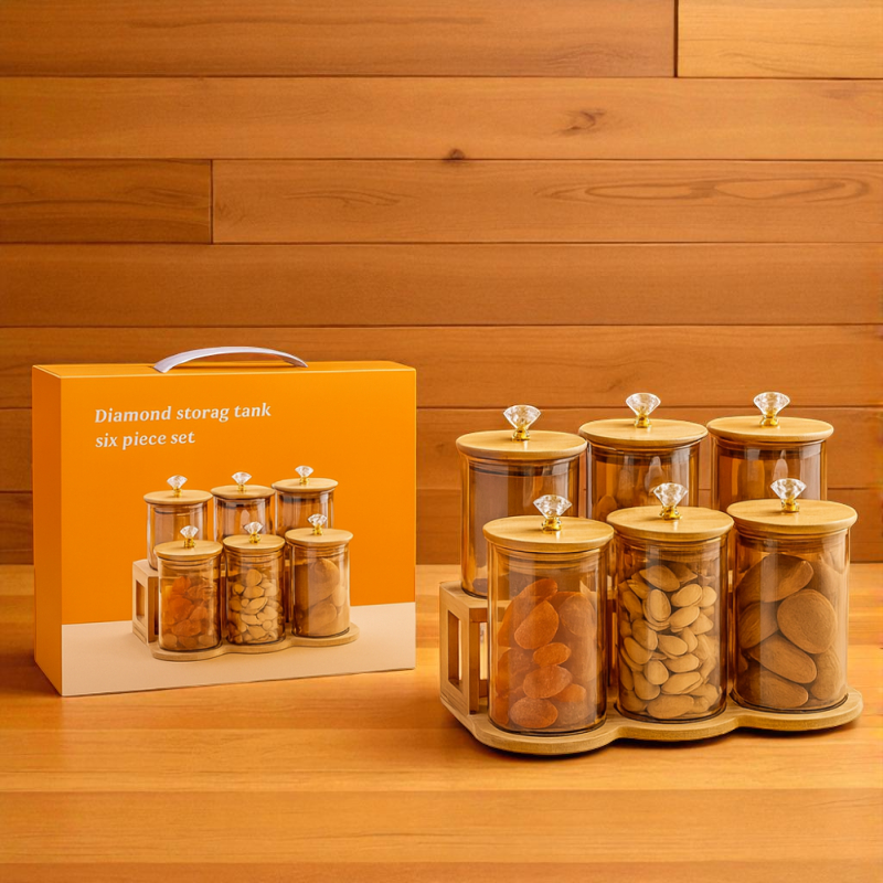 6-Piece Glass Storage Jar Set – Bamboo Lids & Crystal Knobs with Stand by adornia.pk