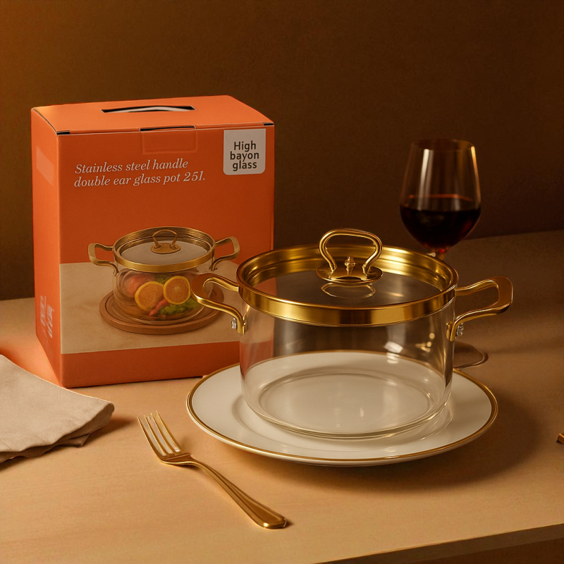 Premium 2.5L Borosilicate Glass Cooking Pot with Gold Stainless Steel Handles & Lid | Adornia.pk