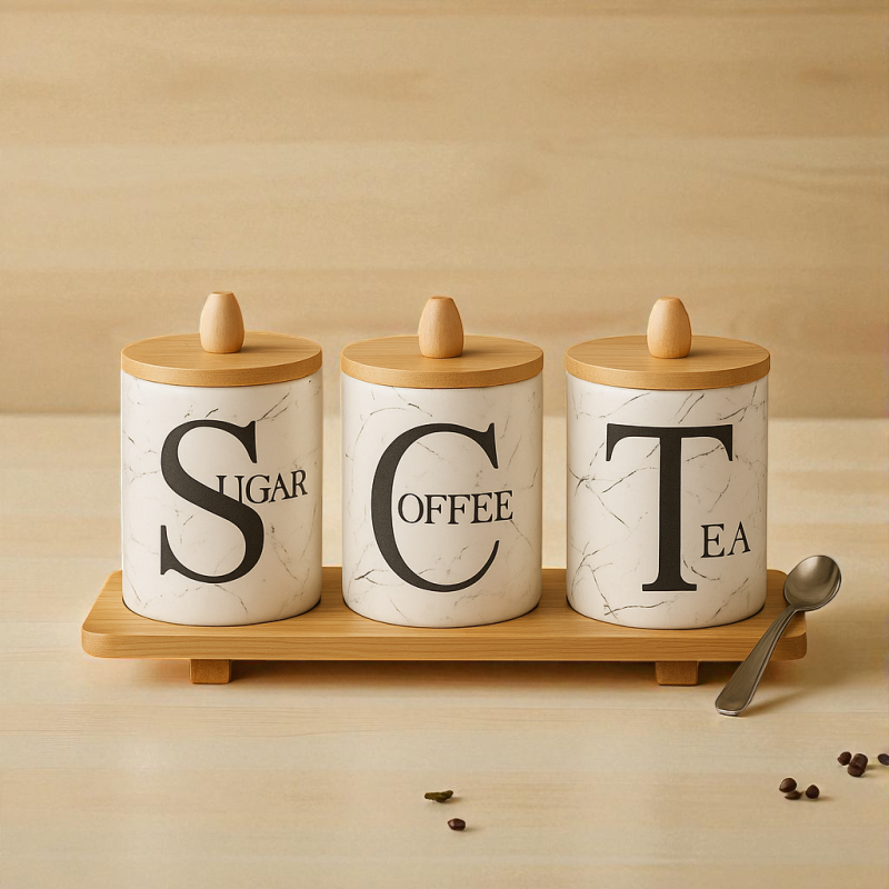 Premium 3-Piece Marble Ceramic Tea, Coffee & Sugar Jar Set with Wooden Lids & Tray | Adornia.pk