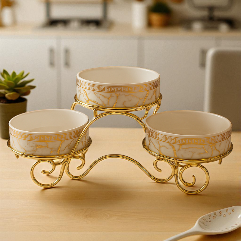 Elegant 3-Tier Porcelain Serving Bowl Set with Gold Stand – Luxury Tableware | Adornia.pk