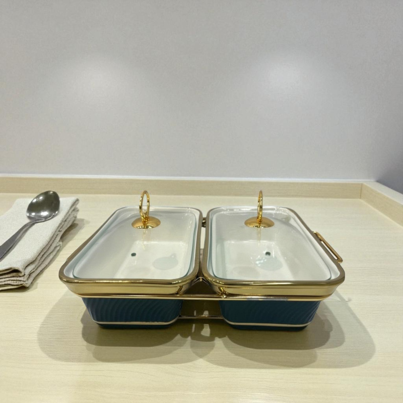 Luxury Rectangular Twin Chafing Dishes with Handles & Metal Stand – Deep Green coloured Buffet Set (12