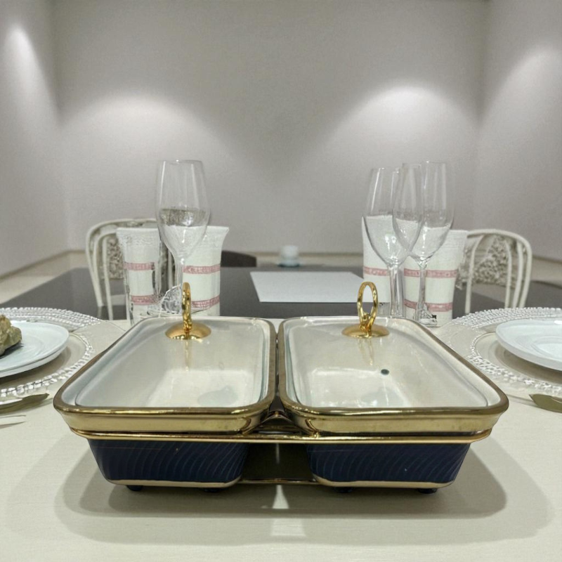 Luxury Rectangular Twin Chafing Dishes with Handles & Metal Stand – Navy Bue coloured Buffet Set (12