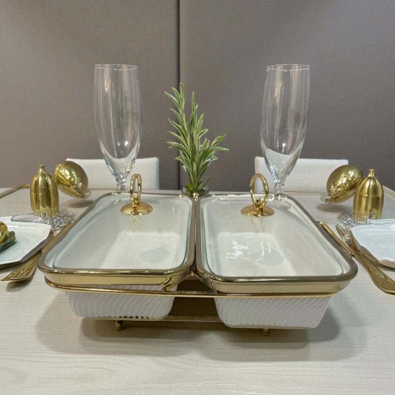 White Rectangular Twin Chafing Serving Dishes with Handles & Metal Stand – Elegant Buffet Set (12