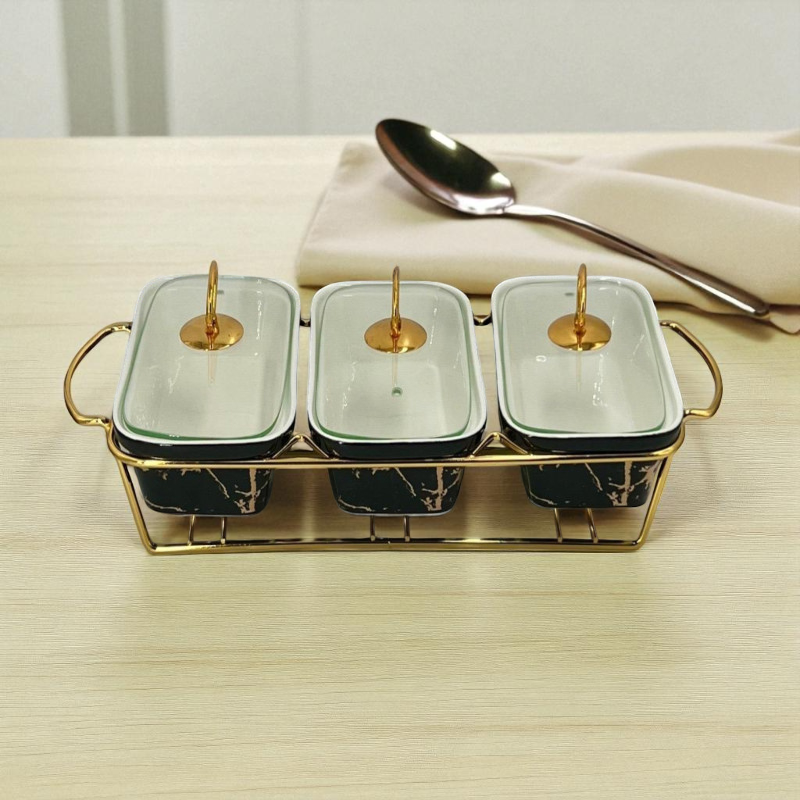 Elegant Triple Chafing Serving Dishes with Handles & Metal Stand – Black Marble Buffet Set (9