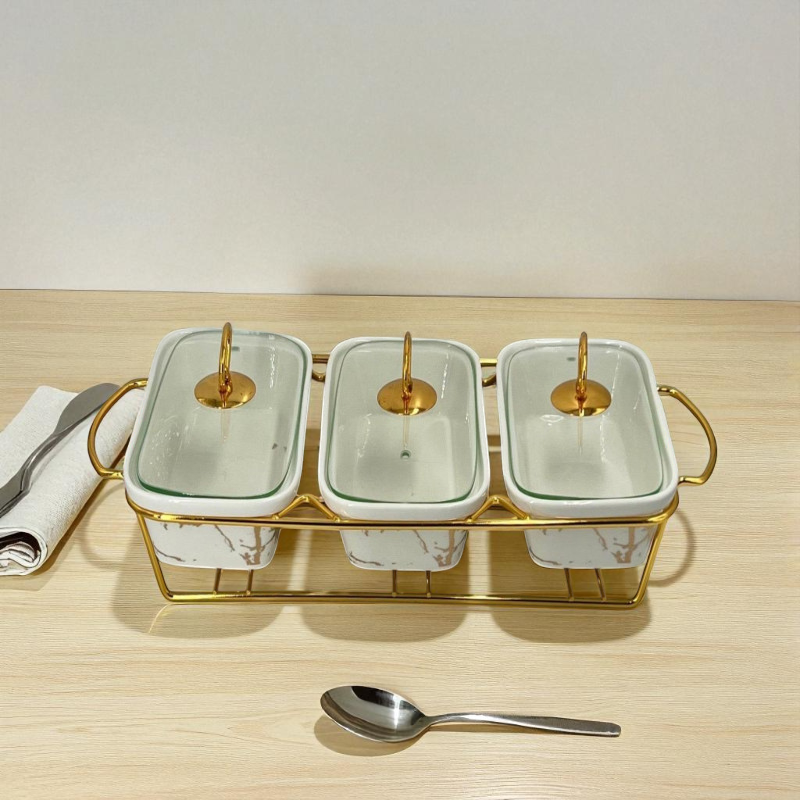 Elegant Triple Chafing Serving Dishes with Handles & Metal Stand – White Marble Buffet Set (9