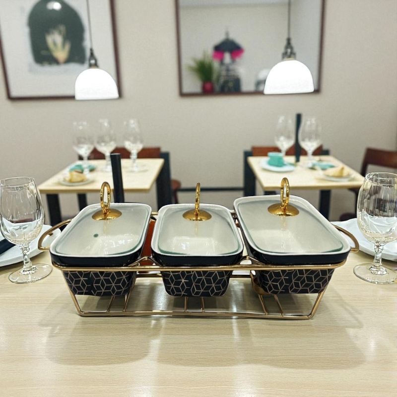 Elegant Triple Chafing Serving Dishes with Handles & Metal Stand – Black Textured Buffet Set (9