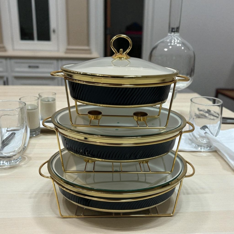 Imported Luxury Oval Serving Dishes (BlackTextured) with Glass Lid & Side Handles for Easy handling - Three Sizes
