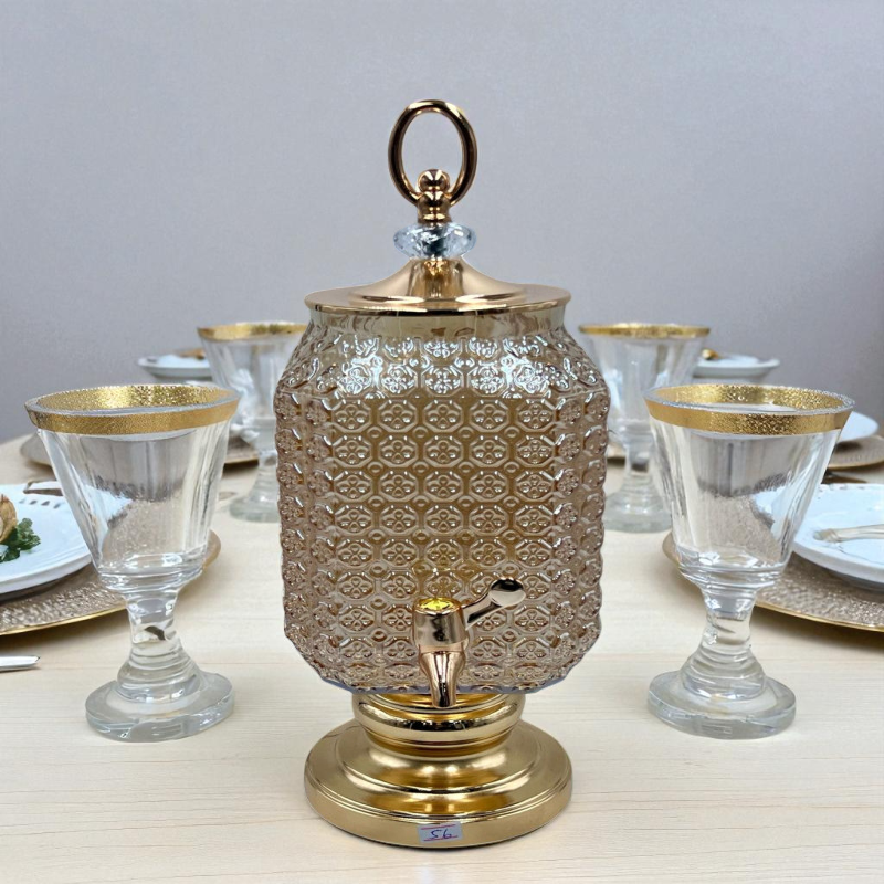 Luxury Glass Beverage Dispenser with faucet - Crystal Gold Floral detaililng (3Ltrs)