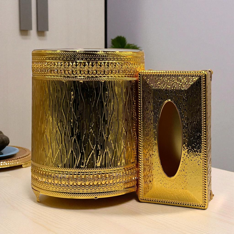Regal Luxury Golden Tissue Box & Bin Set with Beautiful Detailing