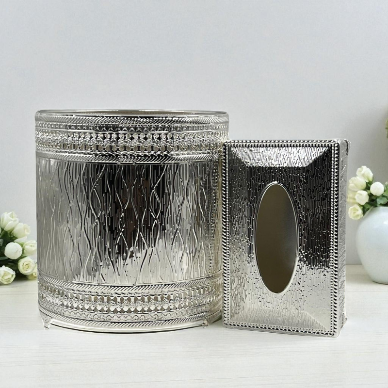 Regal Luxury Silver Tissue Box & Bin Set with Beautiful Detailing