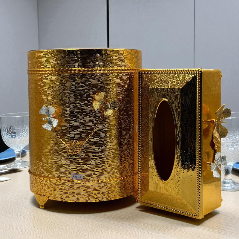 Luxury Textured Tissue Box & Bin Set with Butterfly Accents – Golden Finish
