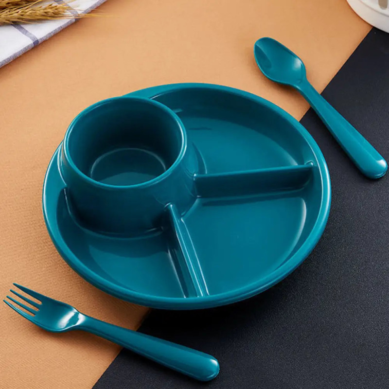 4 Compartment Round Plastic Dinner Plate With Fork Spoon Microwave safe