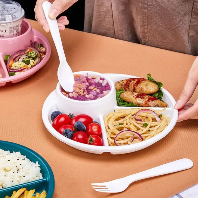 4 Compartment Round Plastic Dinner Plate With Fork Spoon Microwave safe