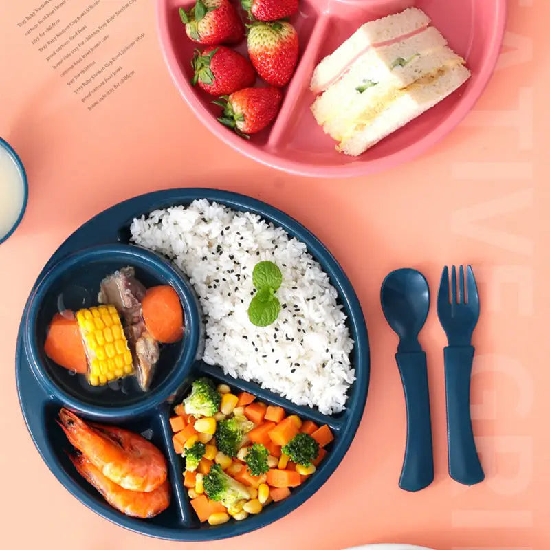 4 Compartment Round Plastic Dinner Plate With Fork Spoon Microwave safe
