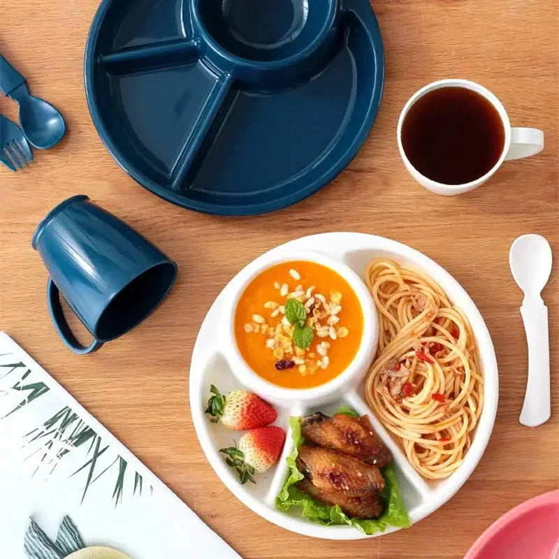 4 Compartment Round Plastic Dinner Plate With Fork Spoon Microwave safe