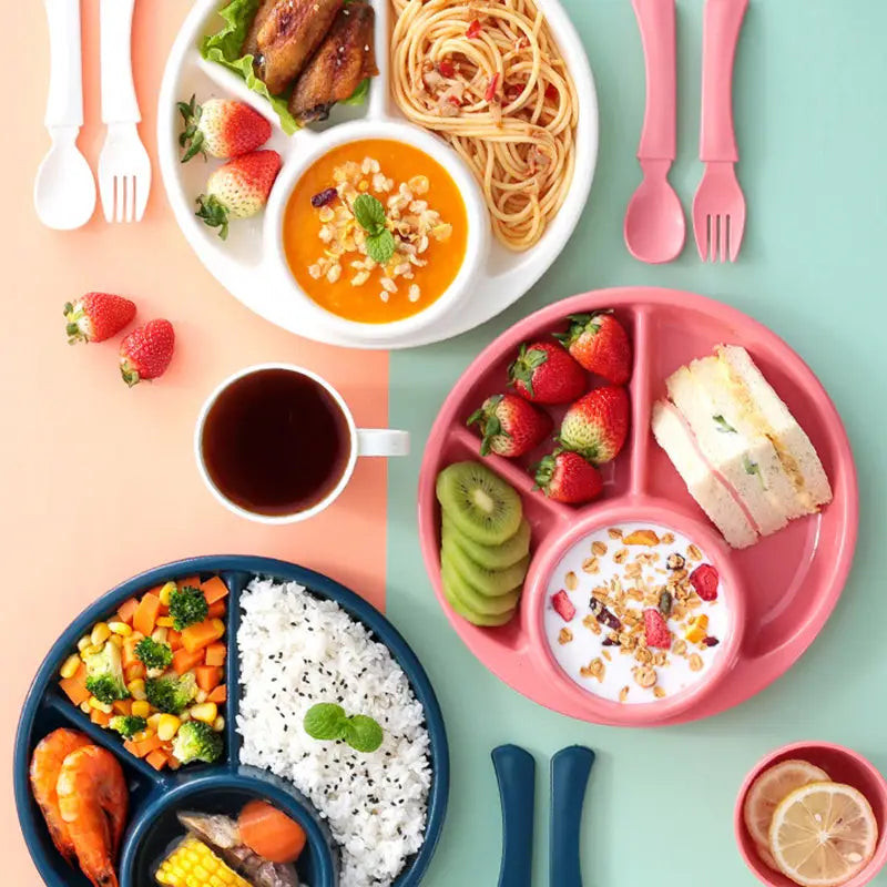 4 Compartment Round Plastic Dinner Plate With Fork Spoon Microwave safe