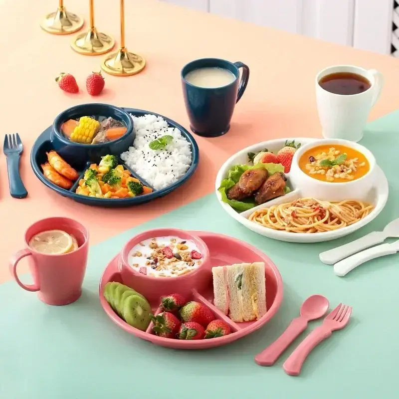 4 Compartment Round Plastic Dinner Plate With Fork Spoon Microwave safe