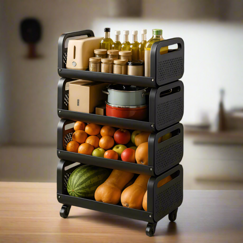 4 Tier Black Metal Storage Rack with Wheels – Heavy-Duty Kitchen Organizer for Fruits and Vegetables