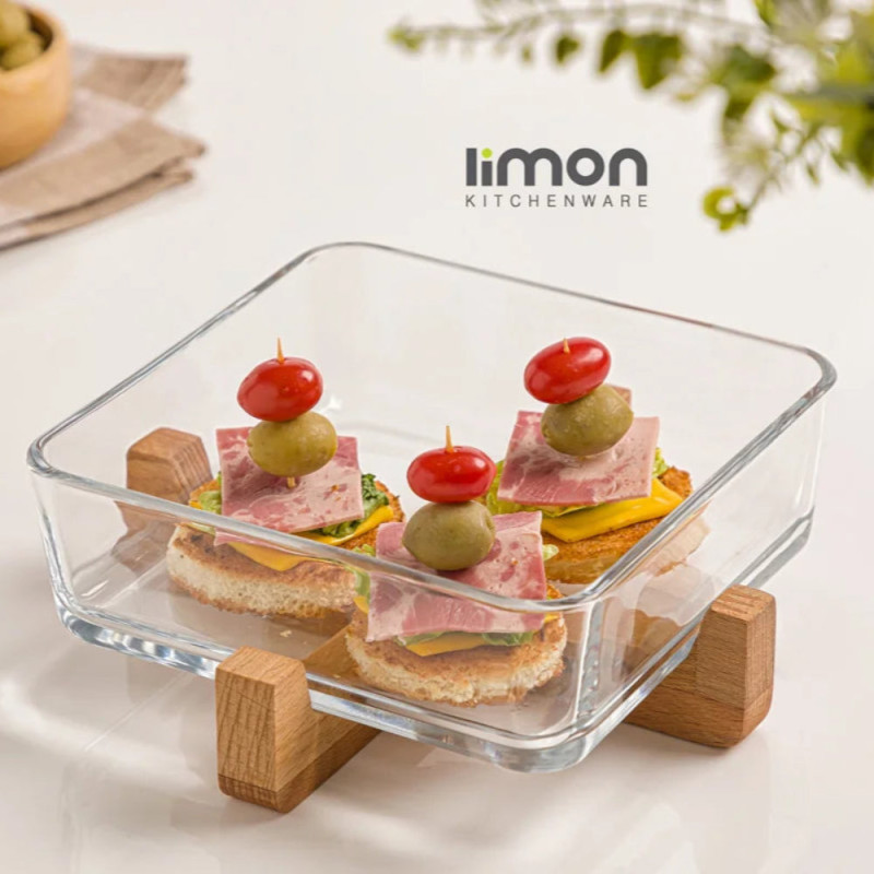 Limon SnackEase Wooden X-Base Server with Glass Bowl – Elegant Snack & Dessert Serving Dish | Adornia.pk