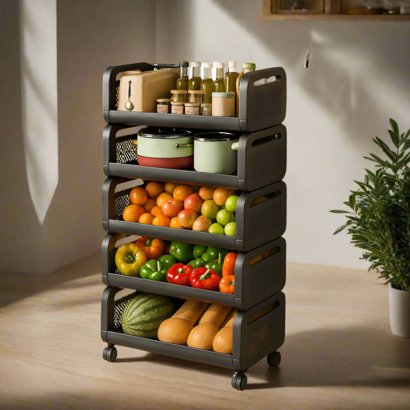 5 Tier Black Metal Kitchen Storage Rack LU-3 – Heavy-Duty Organizer for Fruits and Vegetables