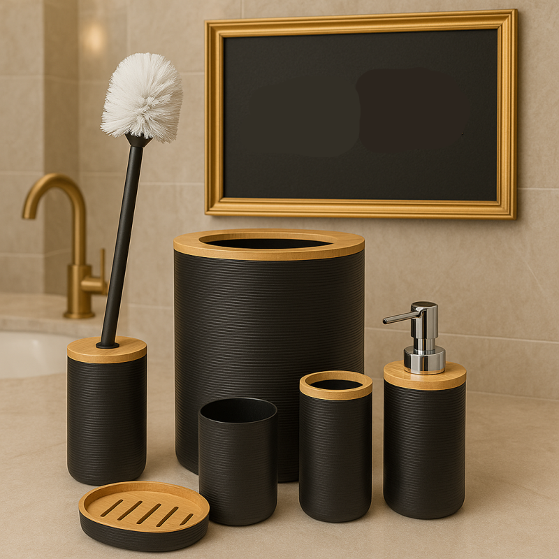 Luxury Black 6-Piece Bathroom Accessories Set with Bamboo Accents – Modern Organizer