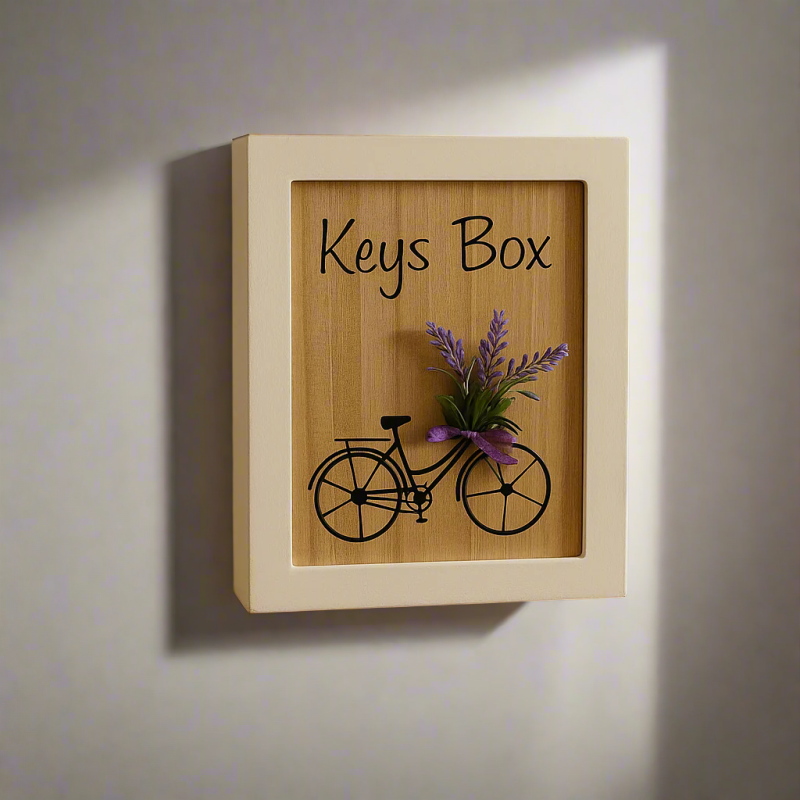 Rustic Wooden Keys Box with Bicycle & Lavender Design