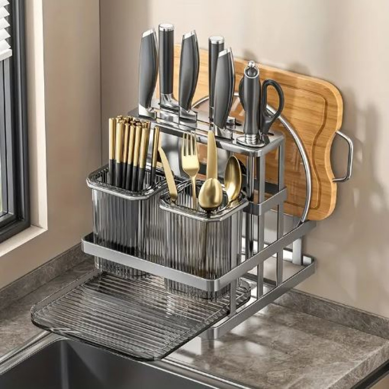 1Pc Metal Kitchen Knife Rack with Chopstick Cage, Wall Mounted Countertop Organizer for Cutlery, Chopping Board Storage Holder