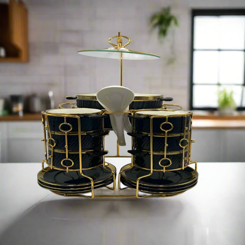Soup Set With Gold Stand (Black)