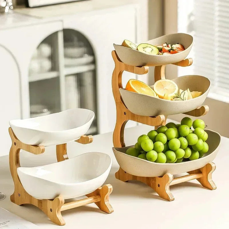 3-Layer Fruit & Snack Plate – Wooden Tiered Serving Dish