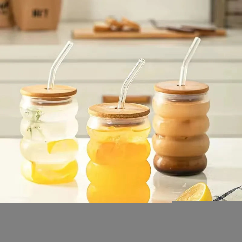 Heat-Resistant Glass Cup with Lid & Straw â€“ Wave Design