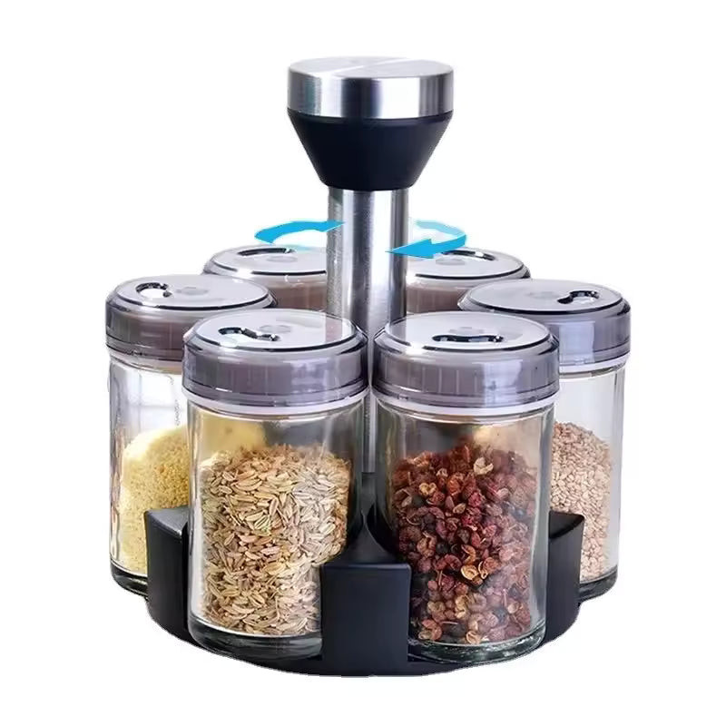 Rotating Spice Rack with Glass Bottles – Kitchen Organizer