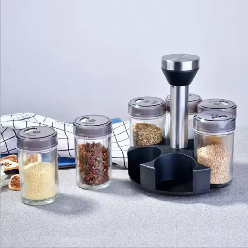 Rotating Spice Rack with Glass Bottles – Kitchen Organizer
