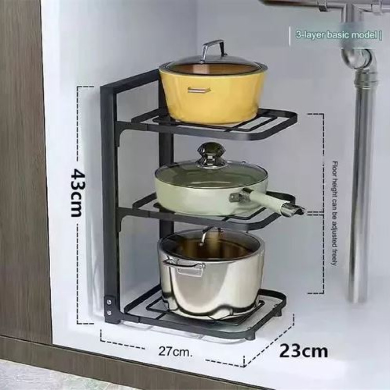 1pc Adjustable 3-Tier Black Stainless Steel Pot Rack - Space-Saving Kitchen Organizer with Multi-Shelved Storage Solution, Ideal for Home & Restaurant