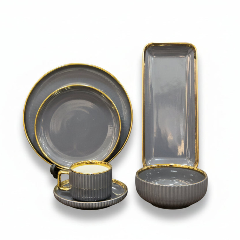 Porcelain Dark Grey  Lining Dinner Set – 32 Pieces | Elegant Ceramic Tableware