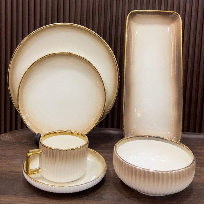 Premium Porcelain Dinner Set with - White & Brown Shaded Finish and Elegant Self Linning Texture