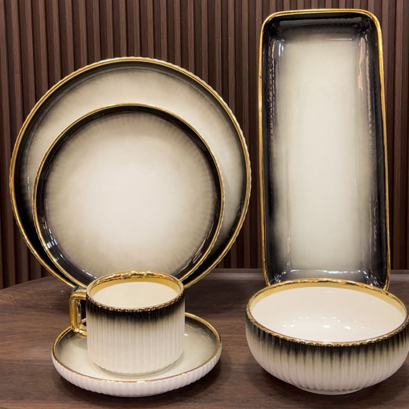 Premium Porcelain Dinner Set with White & Black Shaded and Elegant Self Linning Texture