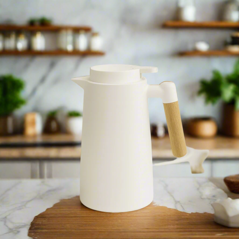 Modern 1L Thermal Jug – White Insulated Carafe with Wooden Handle