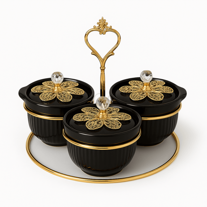 Black & Gold 3-Piece Flower Condiment Set with Handle