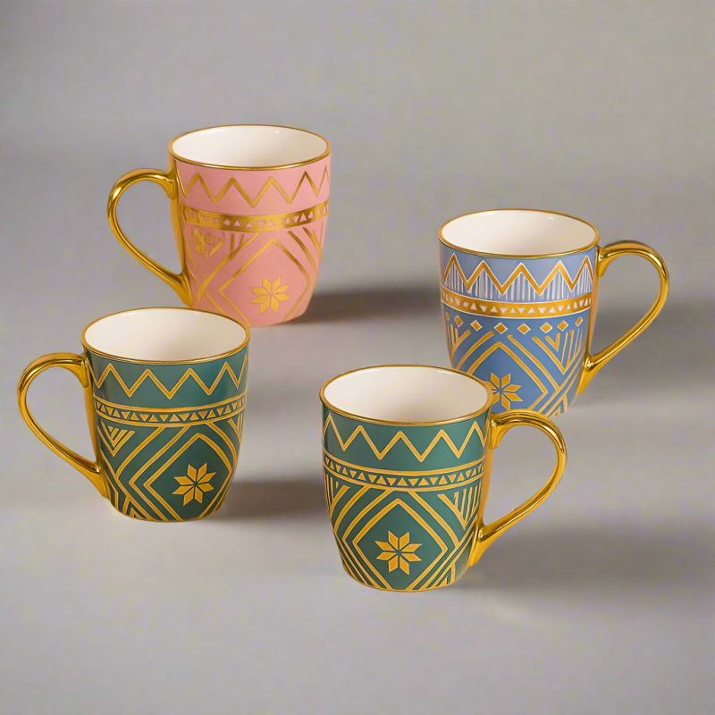 Geometric Pattern Ceramic Mug – Gold Handle Coffee Cup for Home & Office