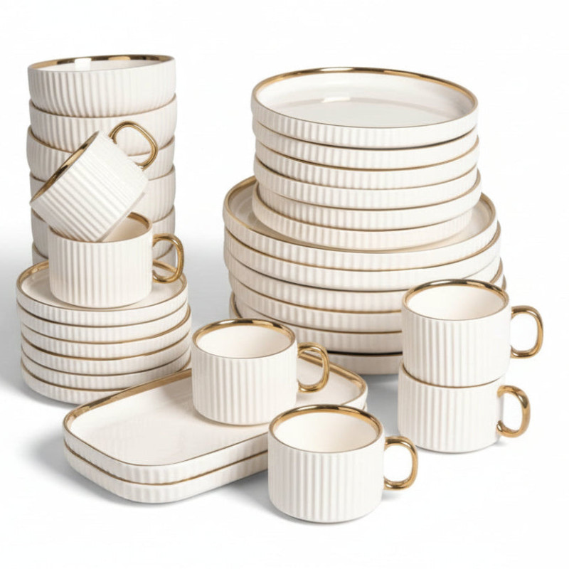 Premium Porcelain Dinner Set with Cream Shine Finish and Elegant Self Linning Texture